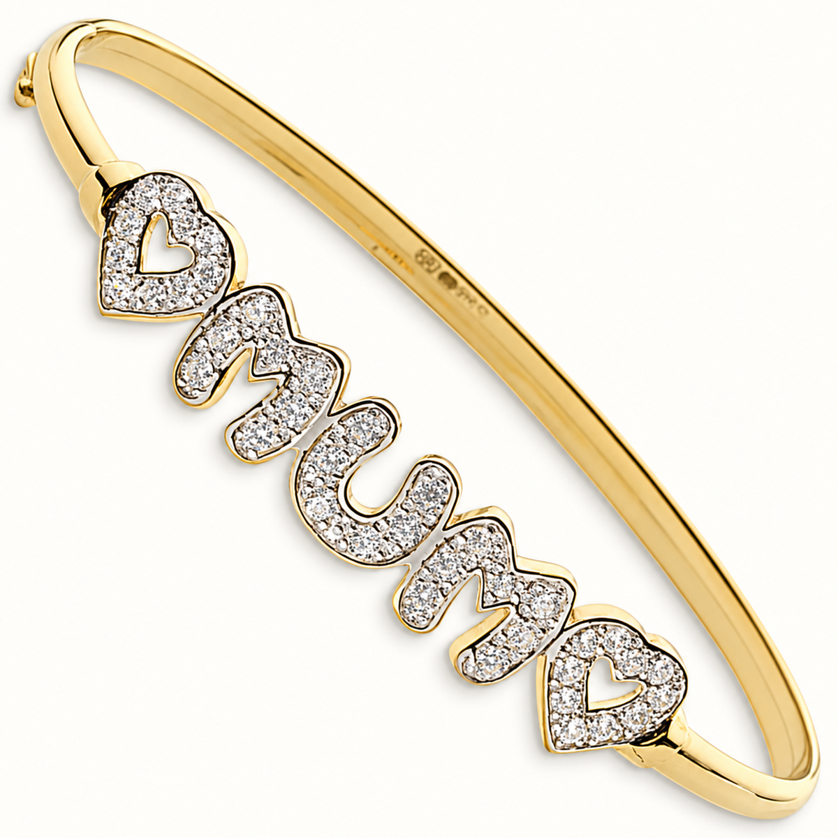 9ct Yellow Gold CZ Mum and Hearts Bangle