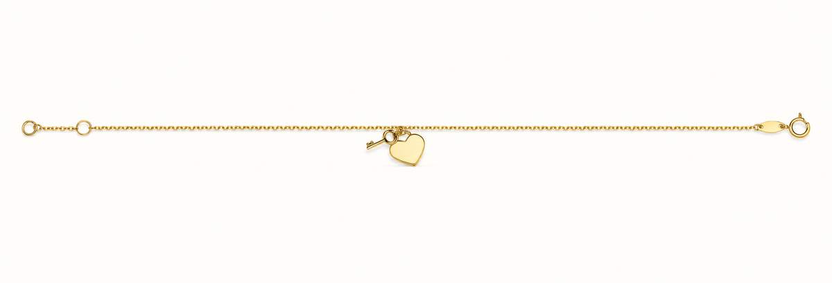 9ct Yellow Gold Key and Heart Charm Bracelet