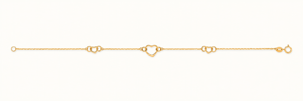 9ct Yellow Gold Three Open Hearts Bracelet