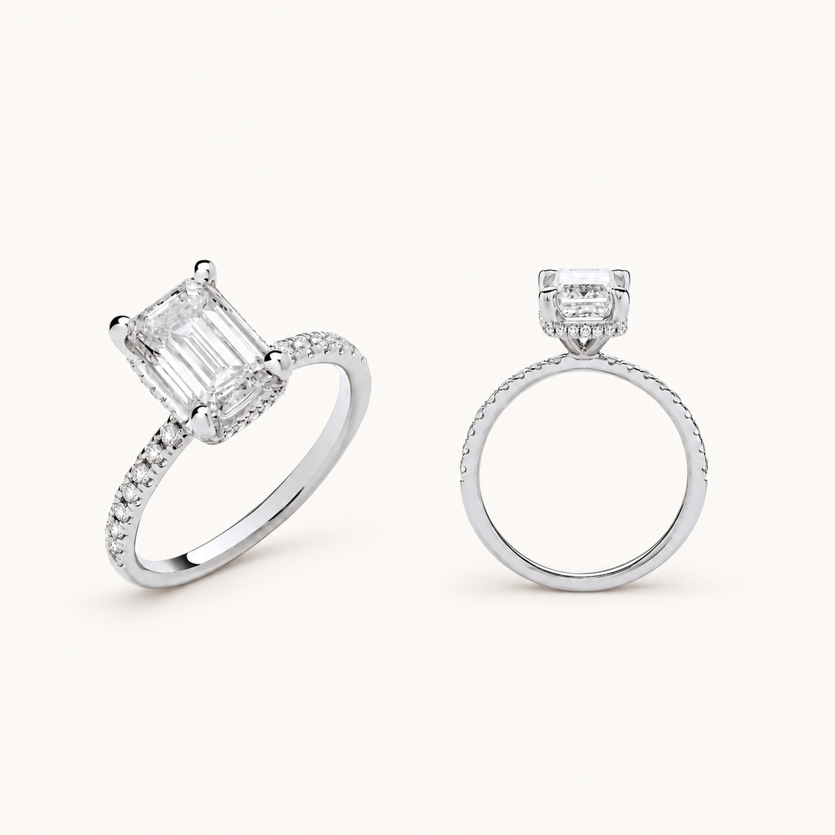 LGDR019 lab-grown diamond ring — front and side views of the hidden-halo setting