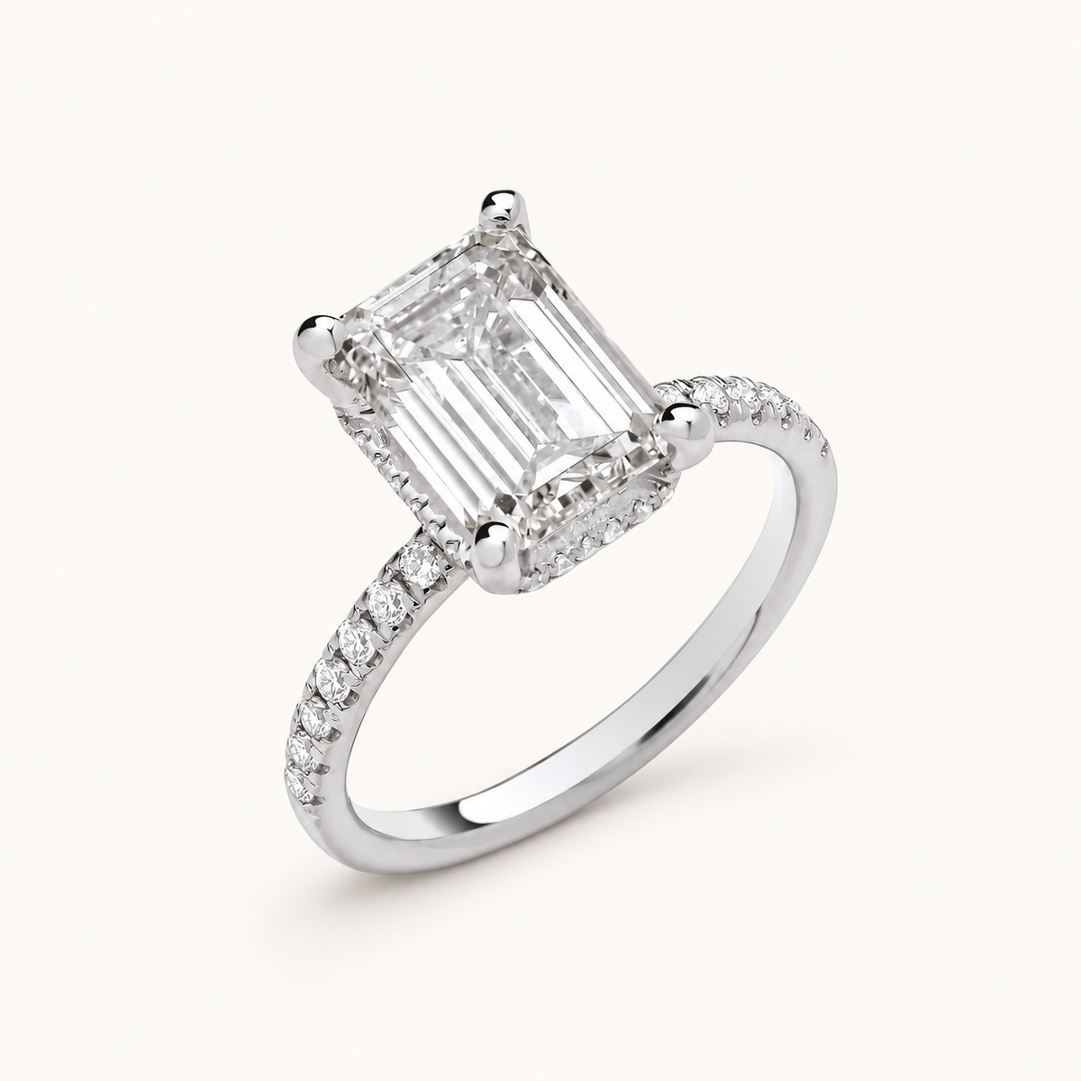 18ct White Gold 3.30ctw Emerald Cut Lab Grown Hidden Halo Diamond Ring IGI Certified — LGDR020