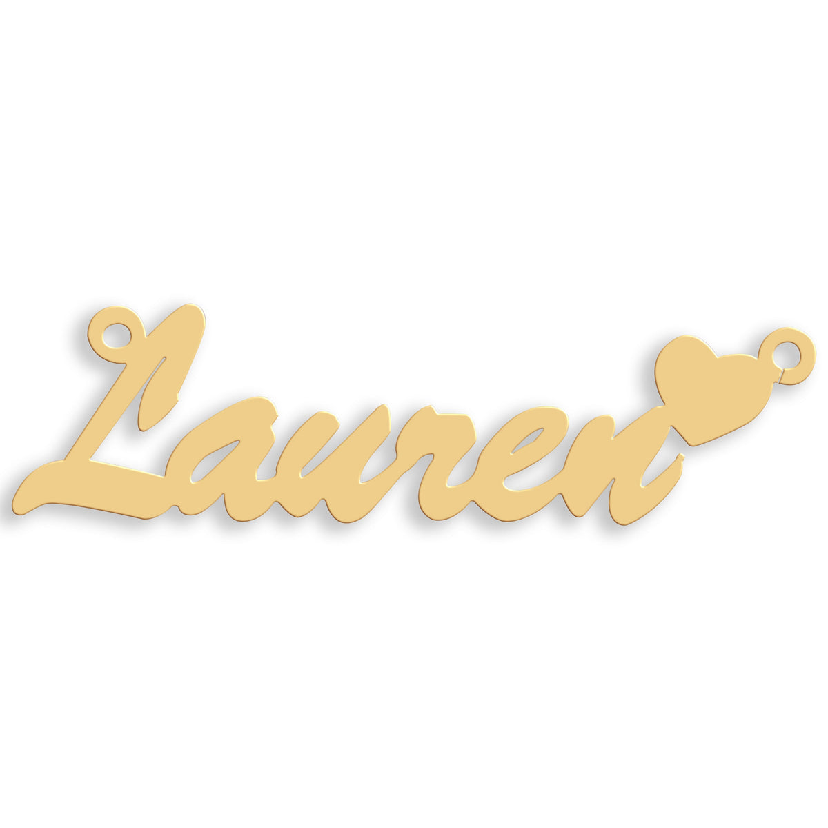 Script Heart nameplate in 9ct yellow gold showing the example name Lauren