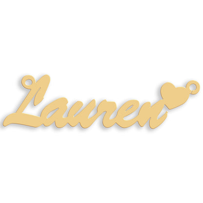 Script Heart nameplate in 9ct yellow gold showing the example name Lauren