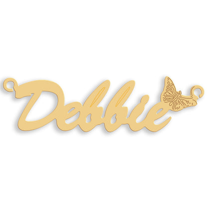 Script Butterfly nameplate in 9ct yellow gold showing the example name Debbie
