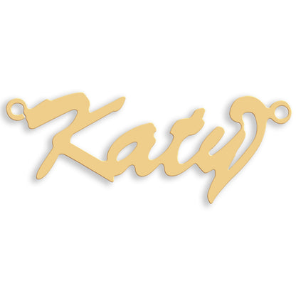 Script Curl nameplate in 9ct yellow gold showing the example name Katy