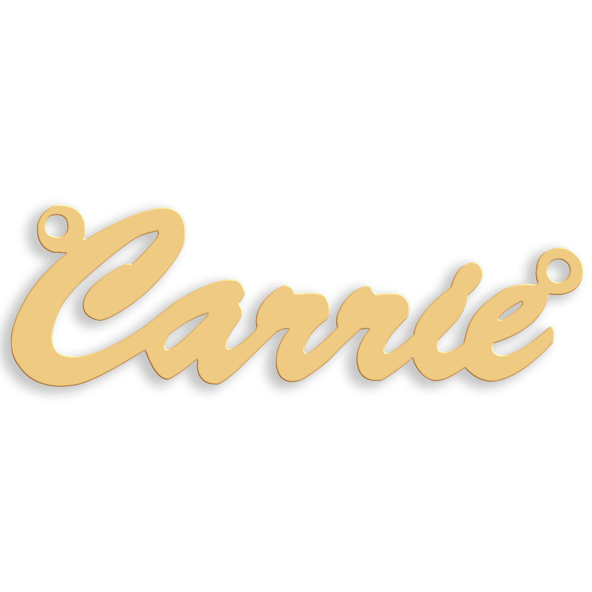 Medium Script nameplate in 9ct yellow gold showing the example name Carrie