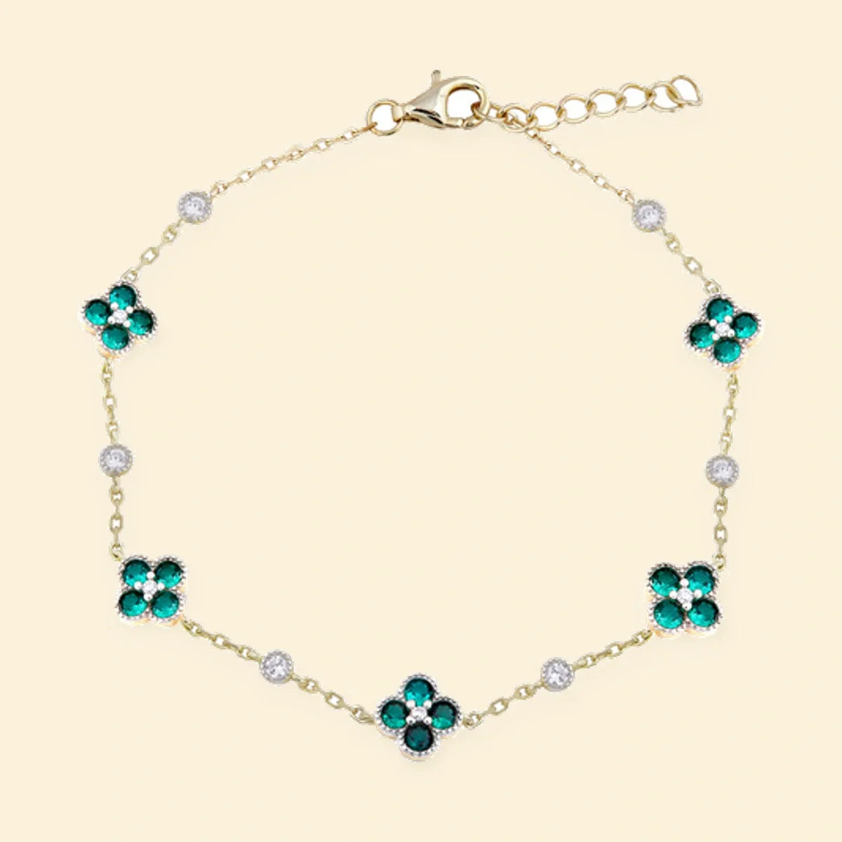 Gold Plated Sterling Silver CZ Set Clover Bracelet Green – ABB225G