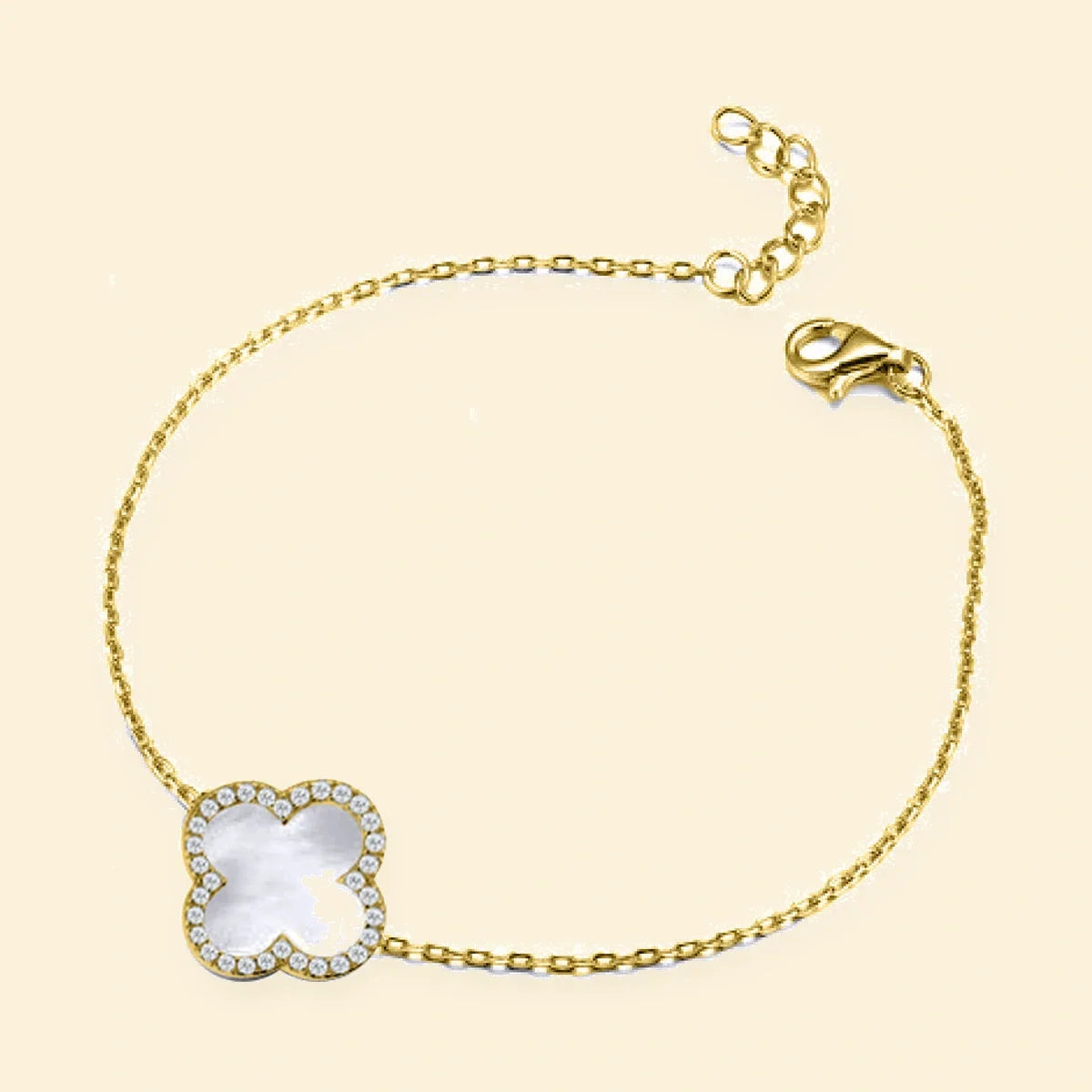 Gold Plated Sterling Silver CZ Set Single Clover Bracelet MOP White Colour – ABB242-GP