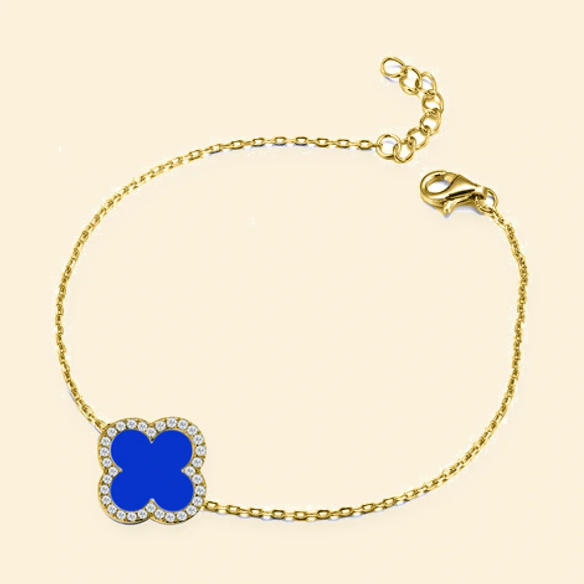 Gold Plated Sterling Silver CZ Set Single Clover Bracelet Blue Agate Colour – ABB243-GP