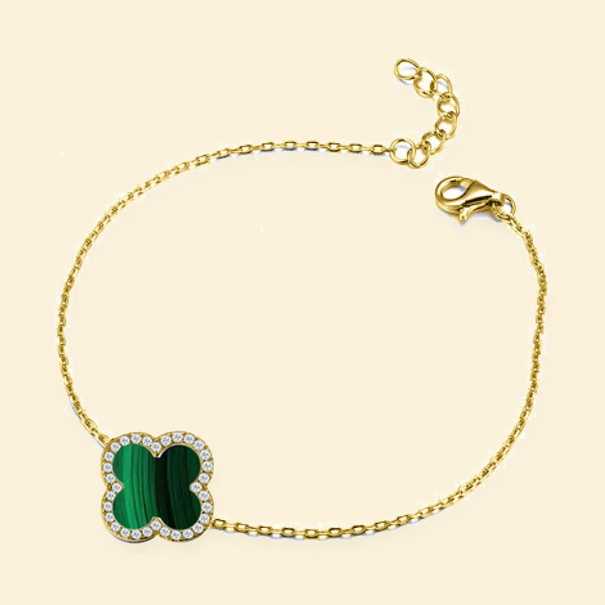Gold Plated Sterling Silver CZ Set Single Clover Bracelet Malachite Green – ABB244-GP