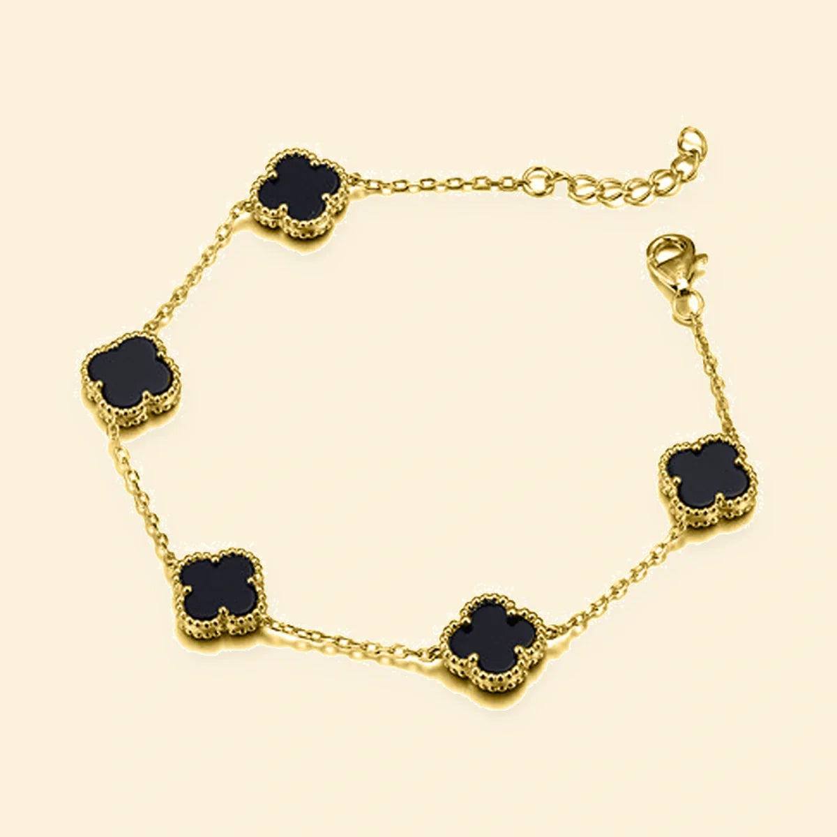 Gold Plated Sterling Silver 5 Clover Bracelet Black Onyx Colour – ABB245-GP
