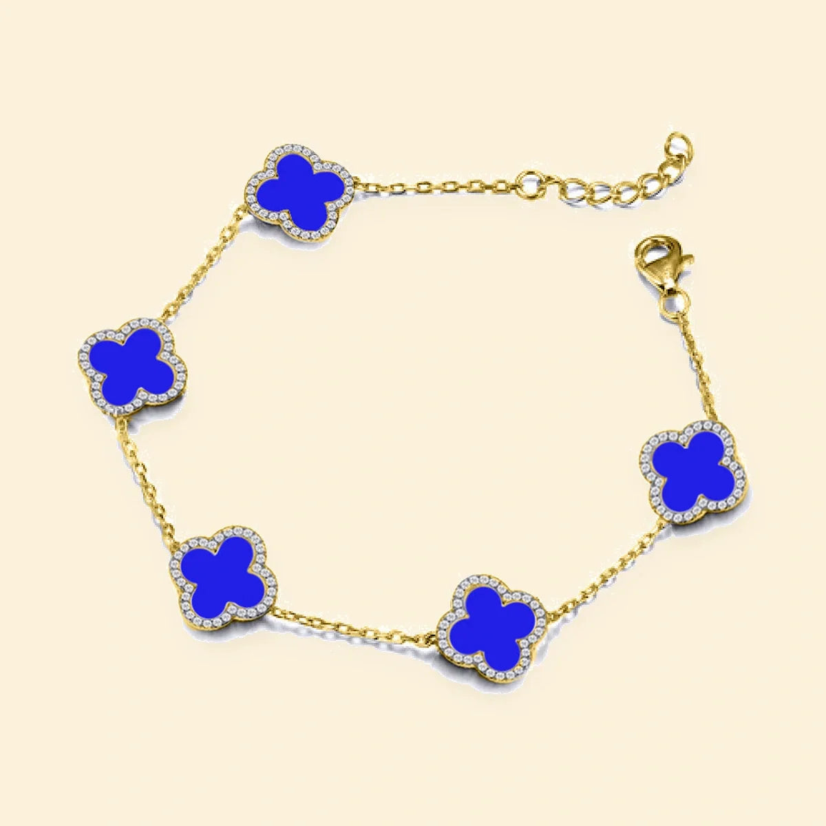 Gold Plated Sterling Silver CZ Set 5 Clover Bracelet Blue Agate Colour – ABB251-GP
