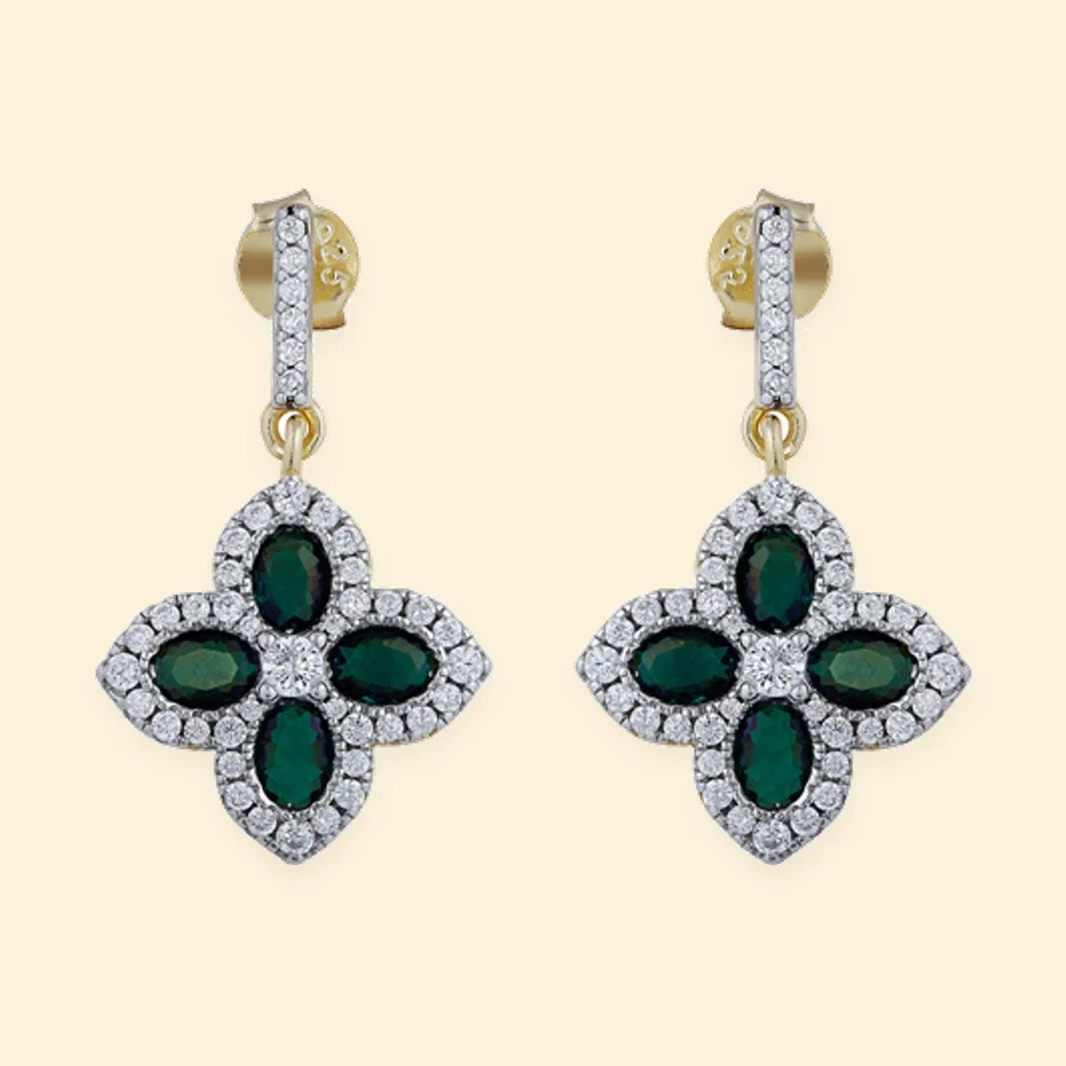 Gold Plated Sterling Silver Gold Plate CZ Set Clover Drop Earrings Green – AES226G