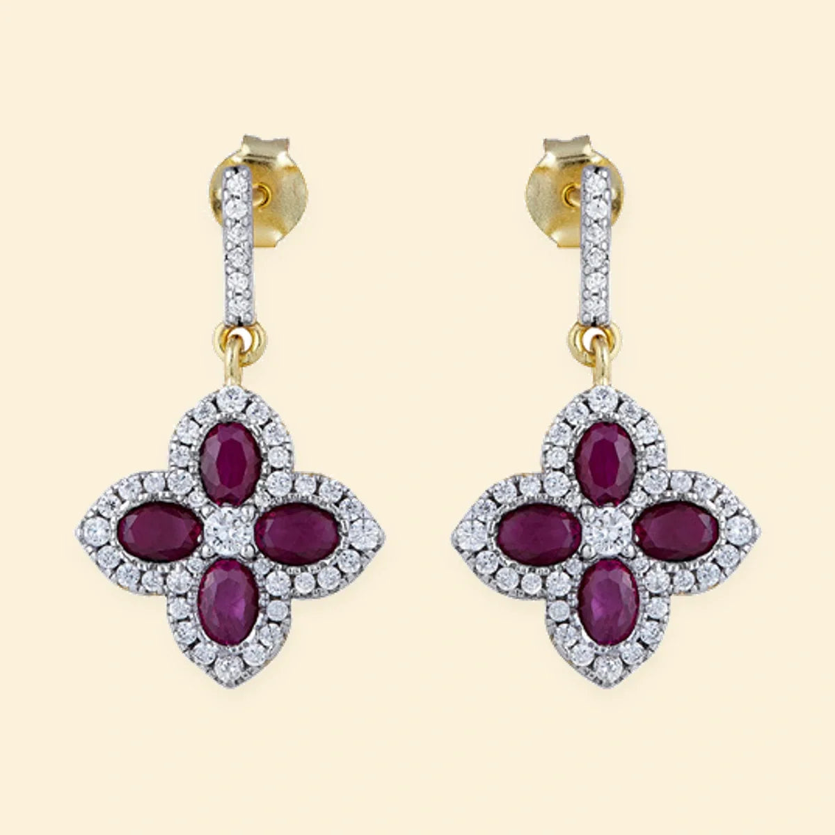 Gold Plated Sterling Silver Gold Plate CZ Set Clover Drop Earrings Red – AES226R