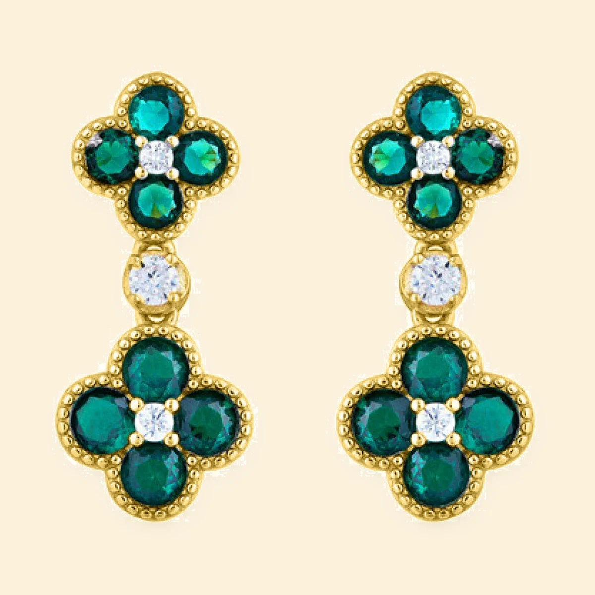 Gold Plated Sterling Silver Gold Plate CZ Set Clover Drop Earrings Green – AES229G