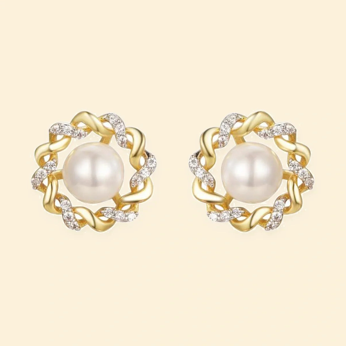 Gold Plated Sterling Silver CZ Pearl Studs – AES286-GP