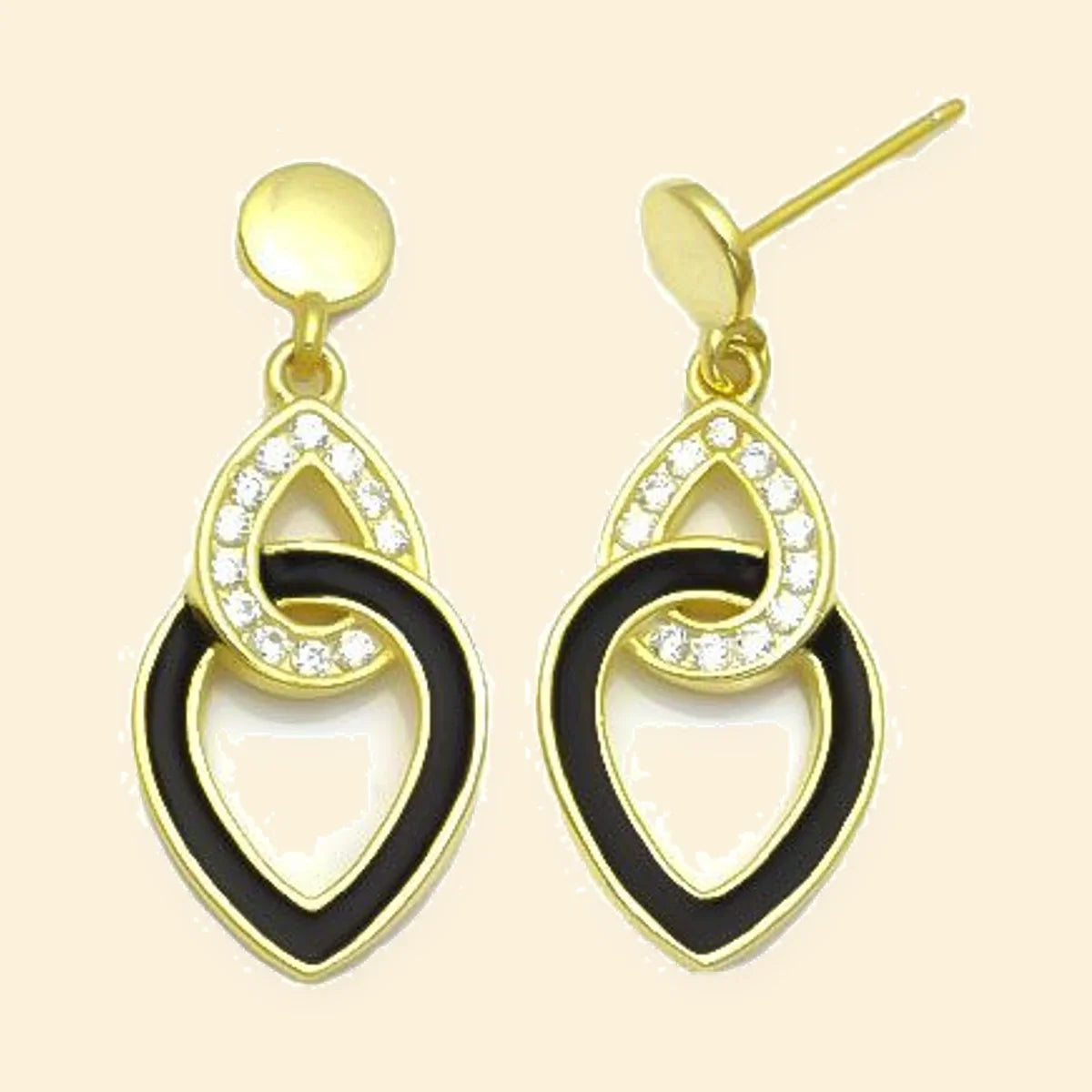 Gold Plated Sterling Silver CZ Black Enamel Linked Teardrop Earrings – AES304-GP