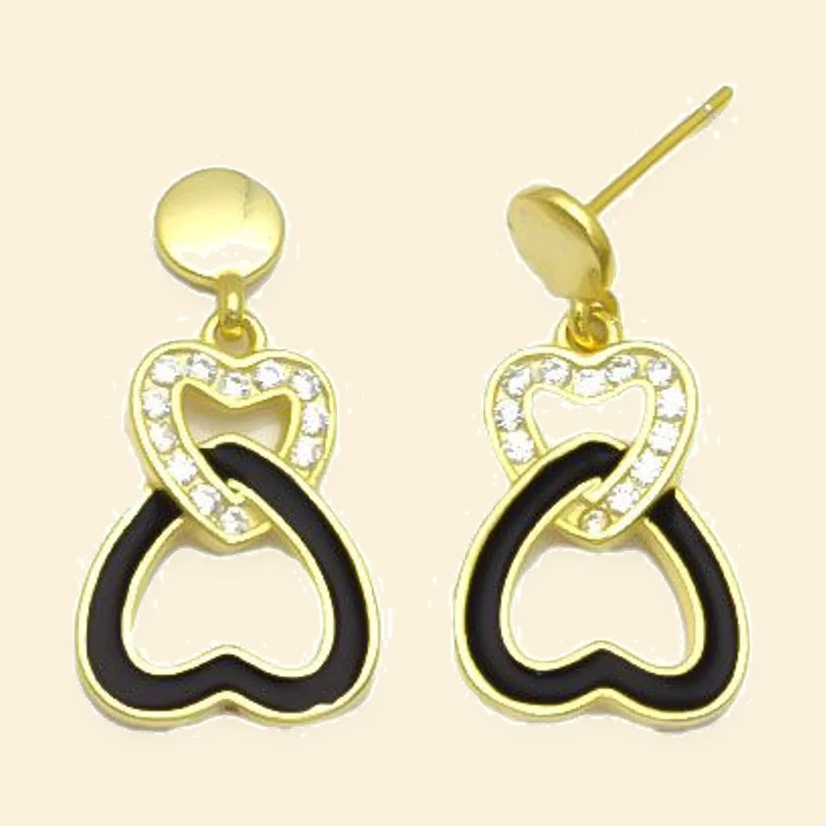 Gold Plated Sterling Silver CZ Black Enamel Heart Linked Drop Earrings – AES306-GP