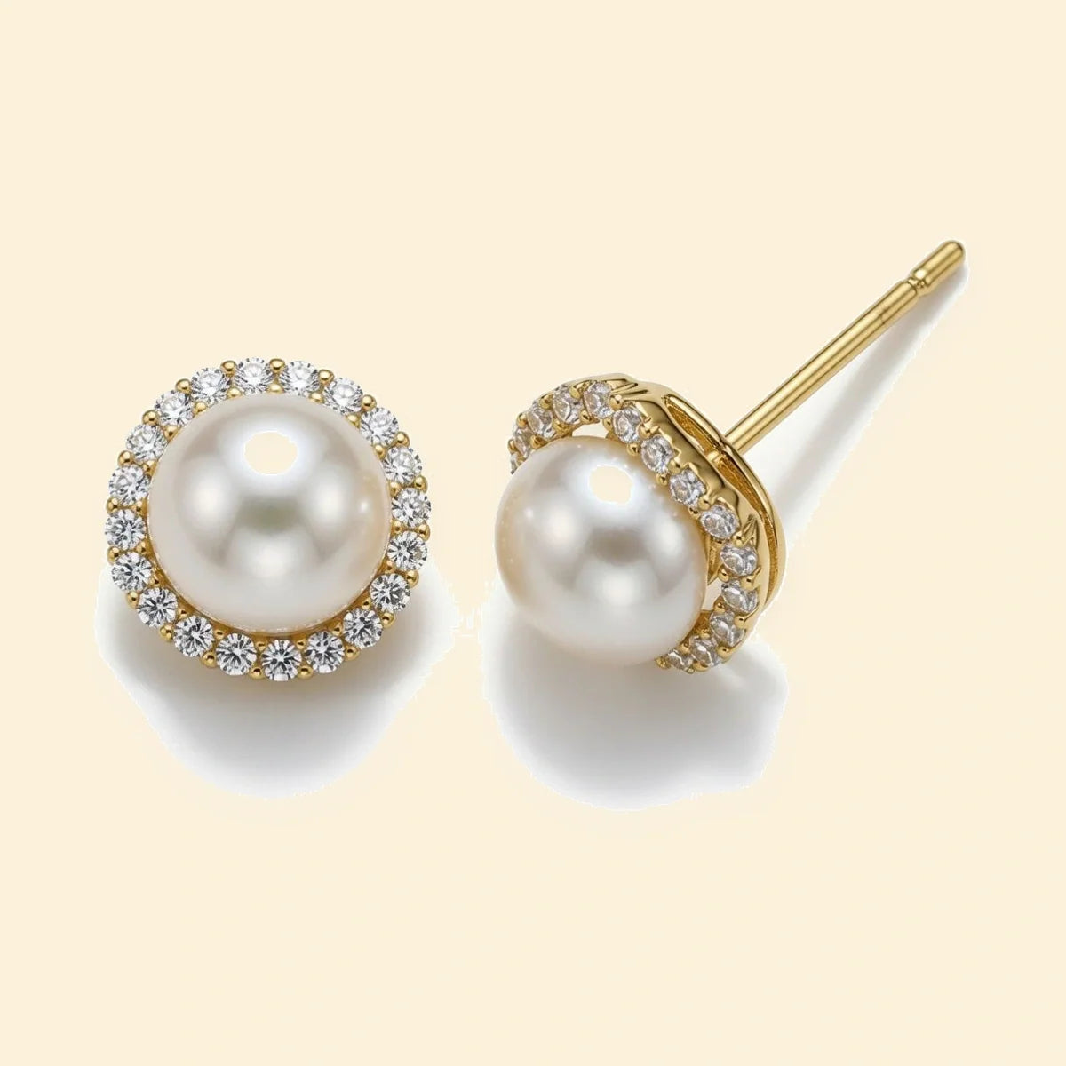 Gold Plated Sterling Silver Pearl CZ Halo Stud Earrings – AES307-GP
