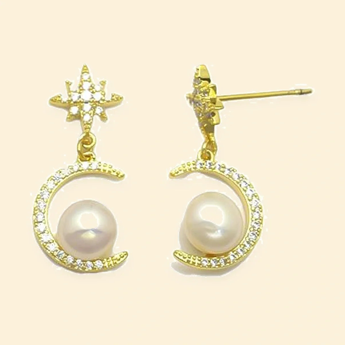 Gold Plated Sterling Silver Pearl CZ Star Moon Drop Earrings – AES310-GP
