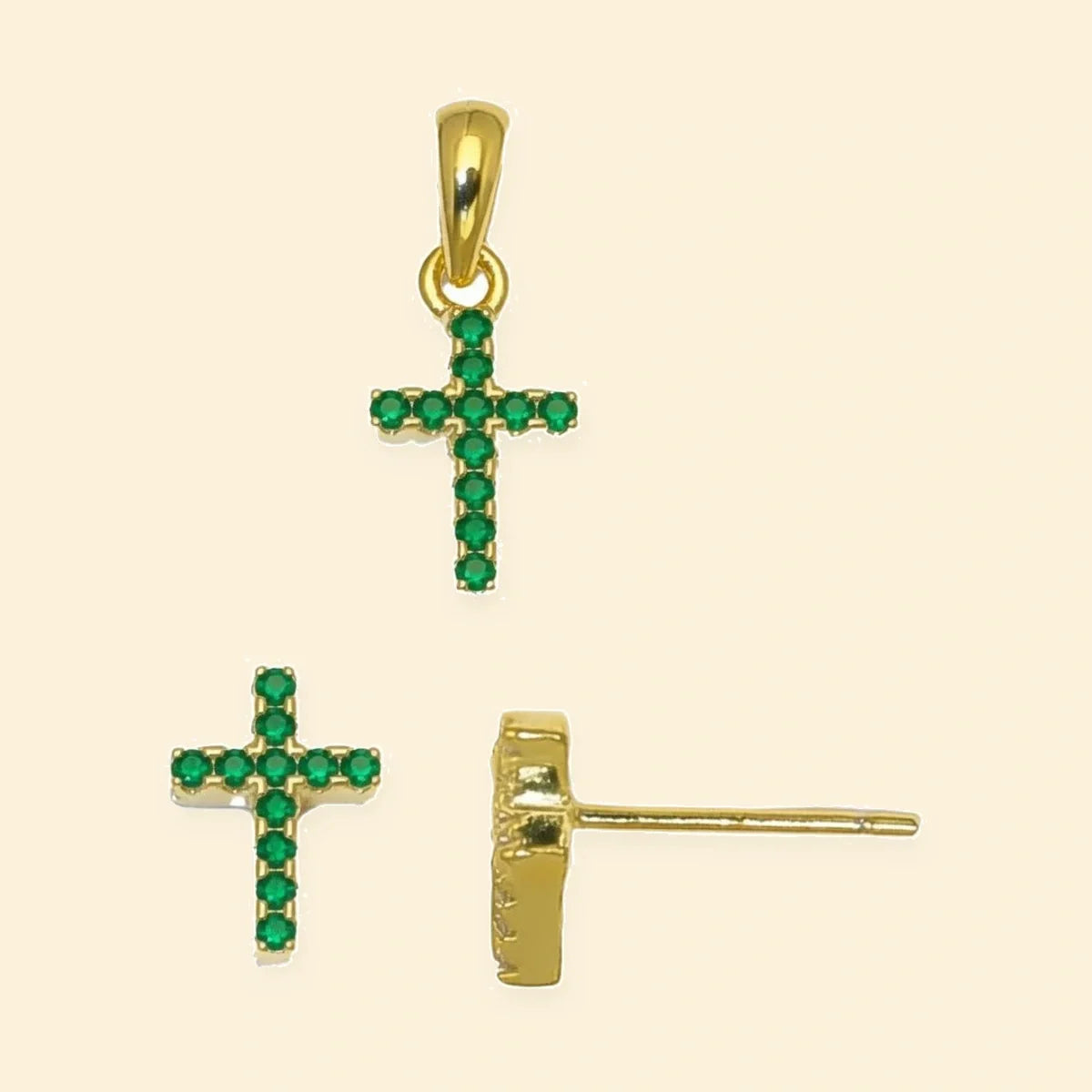 Gold Plated Sterling Silver Green CZ Cross Stud Earrings – AES313G-GP
