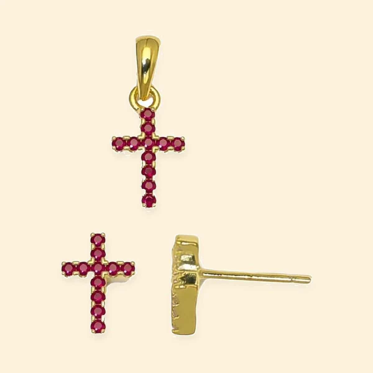 Gold Plated Sterling Silver Red CZ Cross Stud Earrings – AES313R-GP