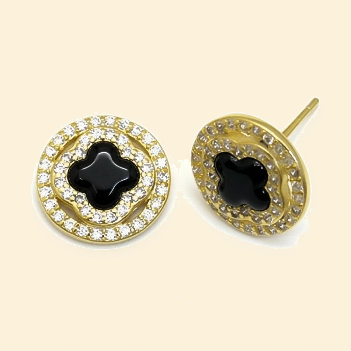 Gold Plated Sterling Silver CZ Black Enamel Clover Stud Earrings – AES315-GP