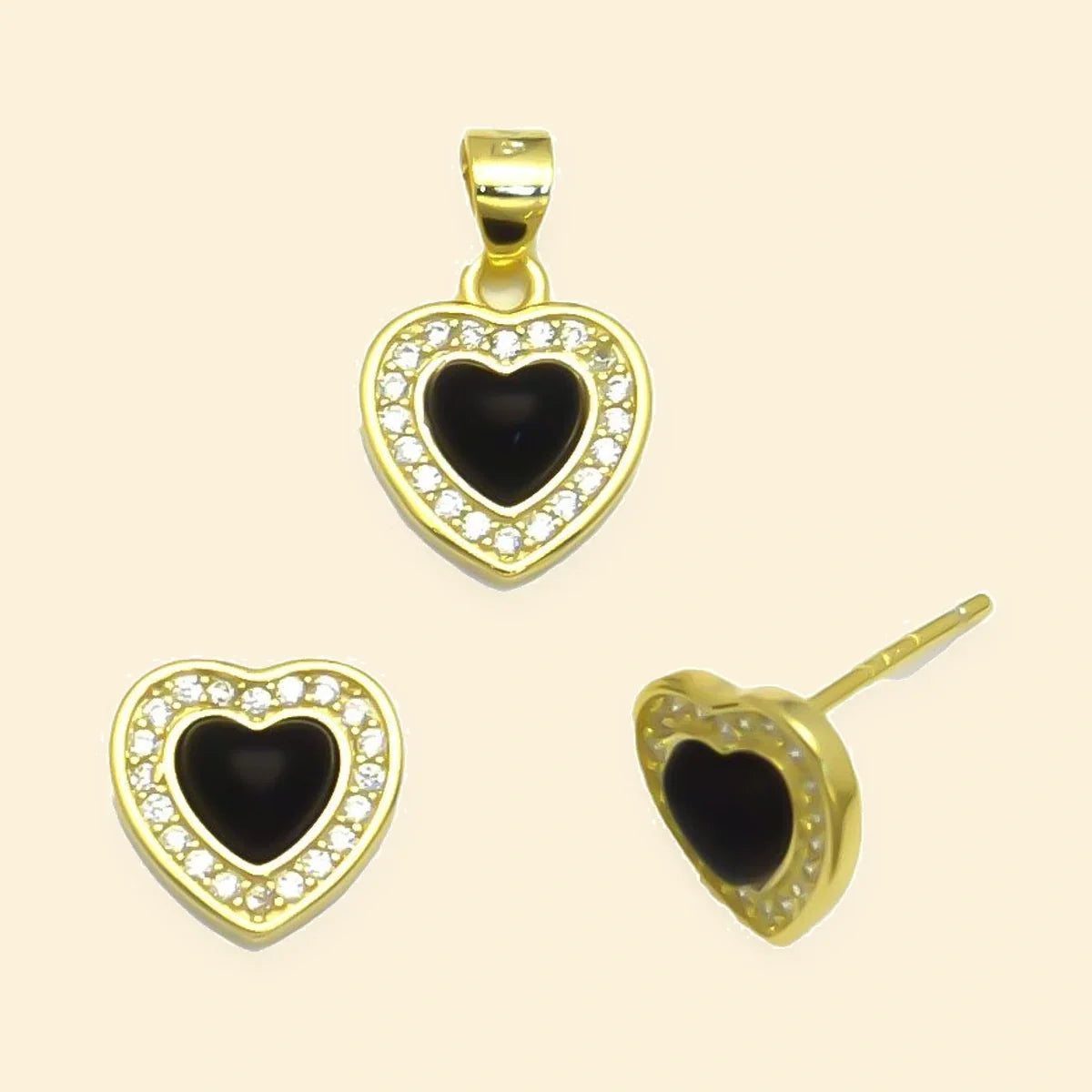 Gold Plated Sterling Silver CZ Black Enamel Heart Stud Earrings – AES321-GP