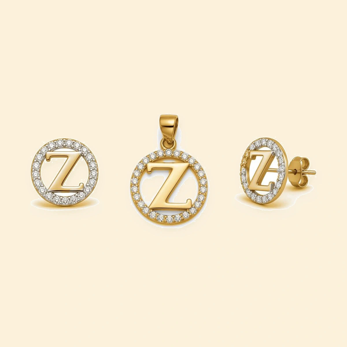 Gold plated sterling silver CZ initial Z pendant set on ivory background