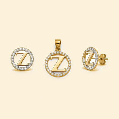 Gold plated sterling silver CZ initial Z pendant set on ivory background