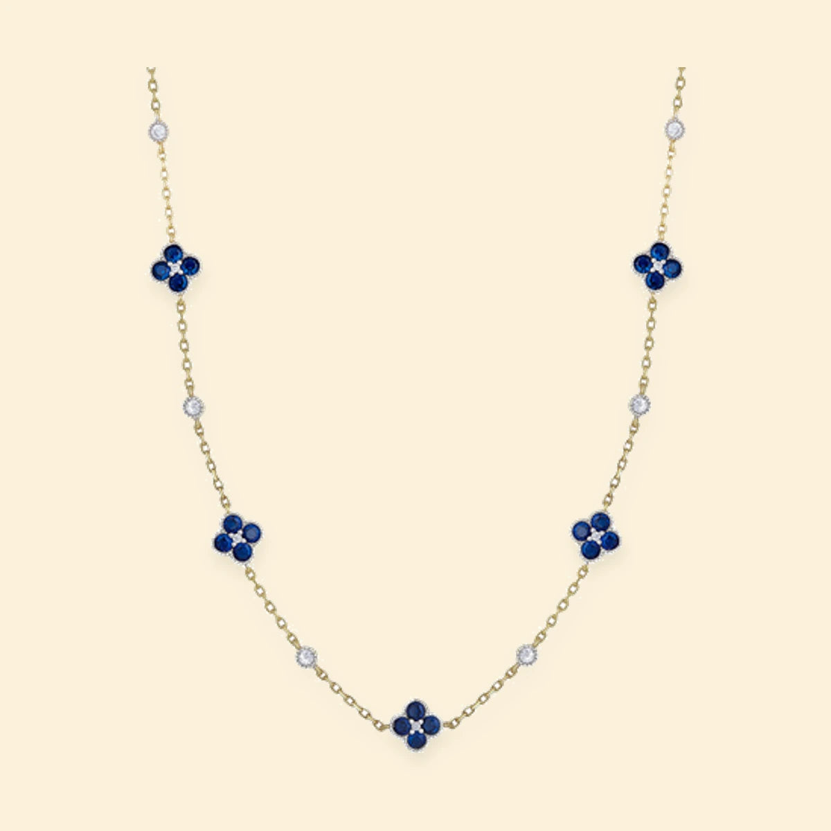 Gold Plated Sterling Silver CZ Set Clover Necklace Blue – ANC073B
