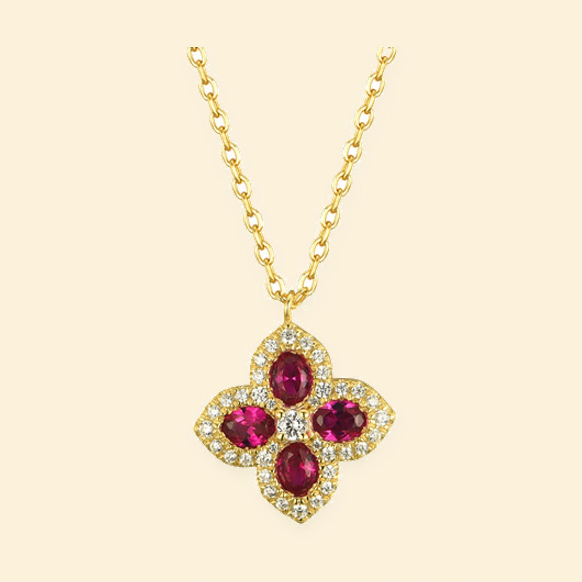 Gold Plated Sterling Silver CZ Set Clover Necklace Red – ANC074R