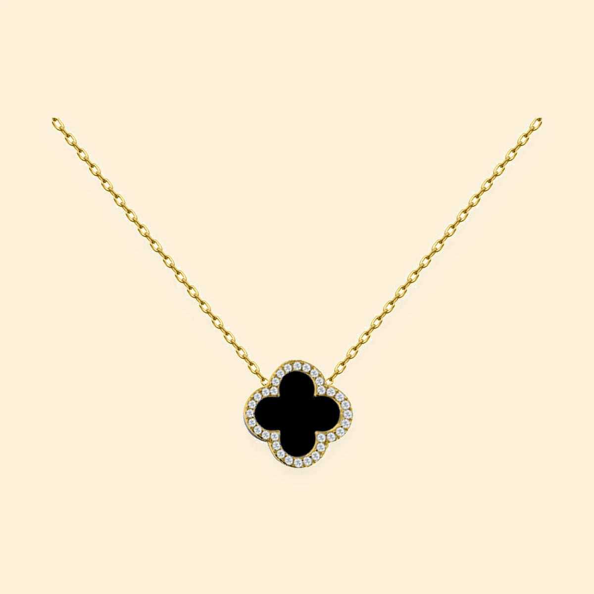 Gold Plated Sterling Silver CZ Set Single Clover Necklace Black Onyx Colour – ANC102-GP