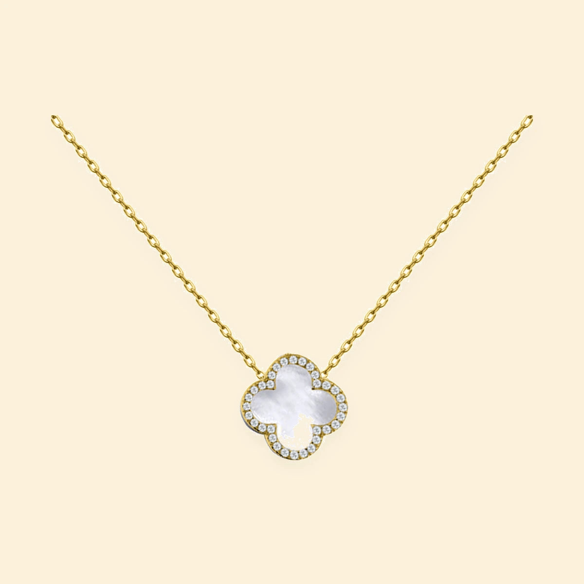 Gold Plated Sterling Silver CZ Set Single Clover Necklace MOP White Colour – ANC103-GP
