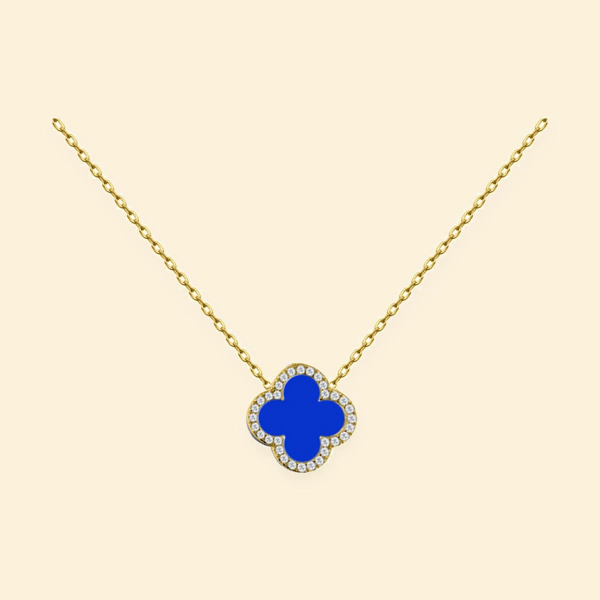 Gold Plated Sterling Silver CZ Set Single Clover Necklace Blue Agate Colour – ANC104-GP