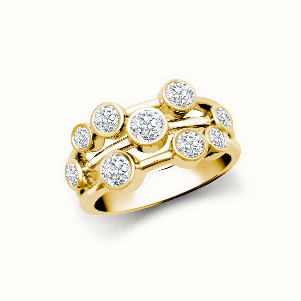 18ct Gold Natural Diamond 3 Row Bubble Ring