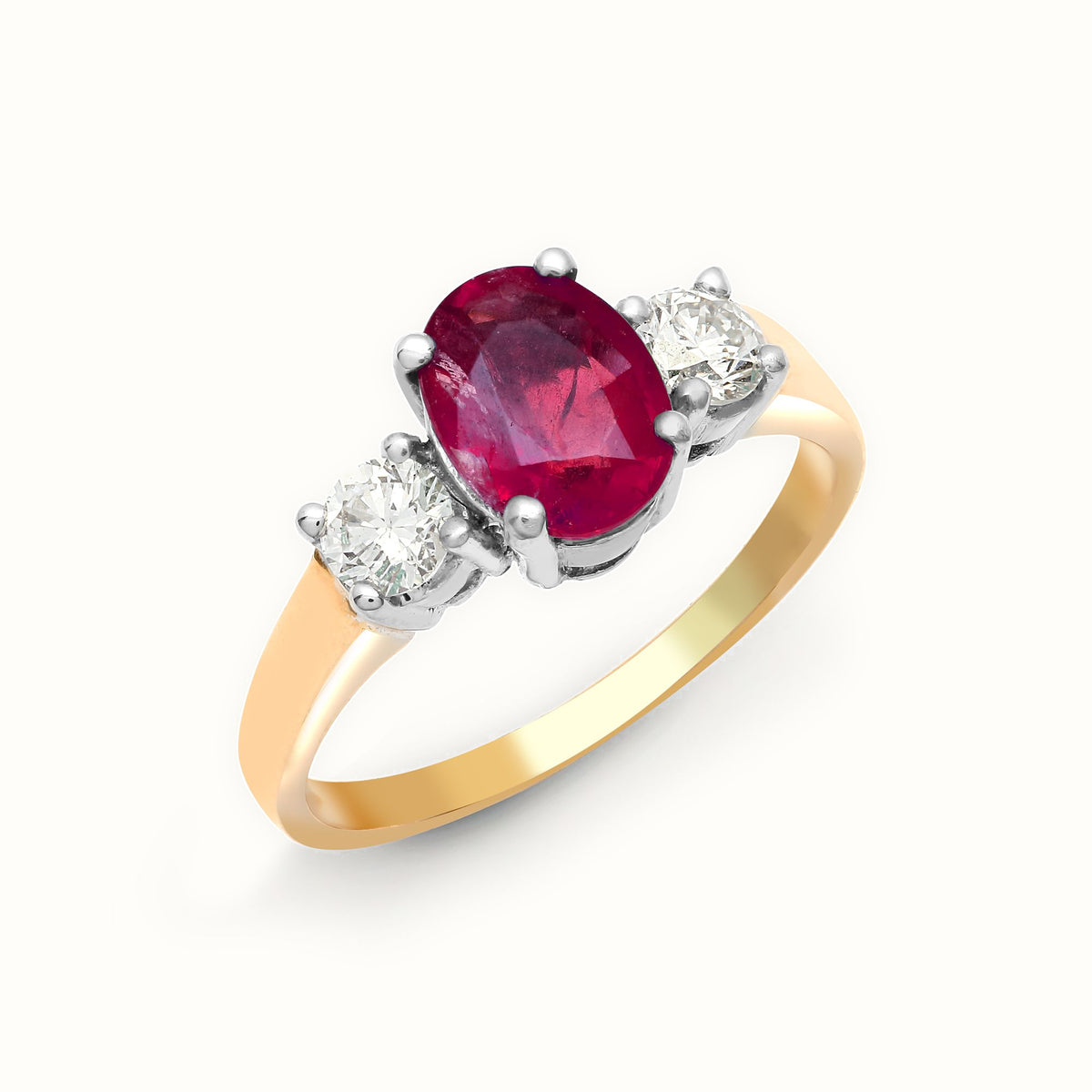 18ct Yellow Gold 3 Stone Natural Diamond And Ruby Ring