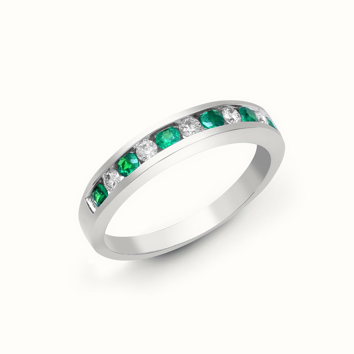 18ct White Gold Natural Diamond And Emerald Channel Set Half Eternity