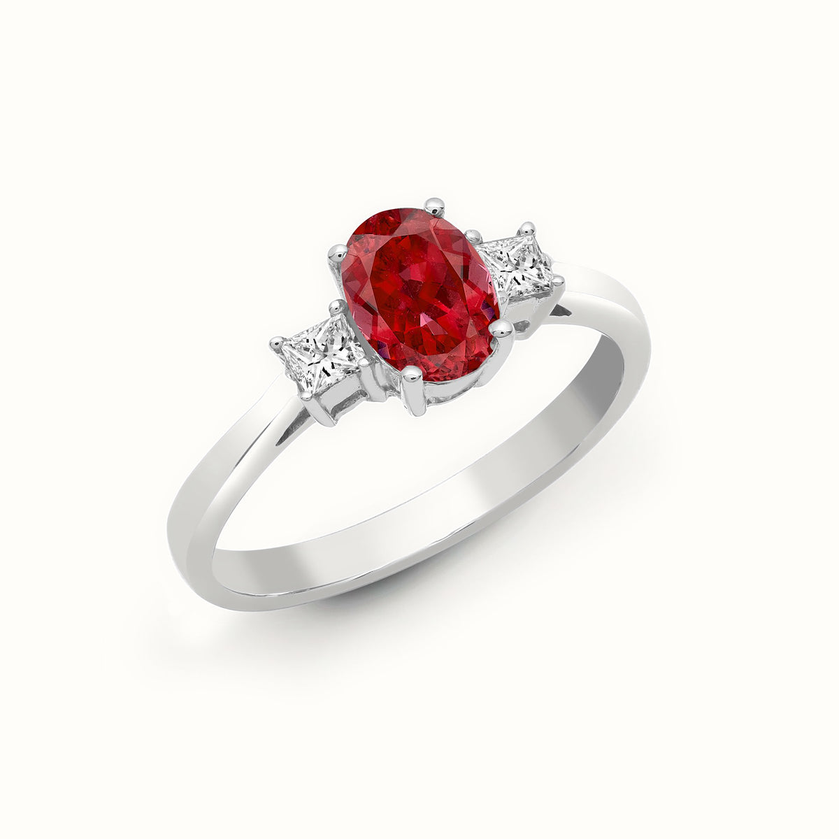 18ct White Gold Natural Diamond And Ruby And 3 Stone Ring