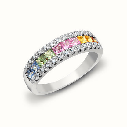 18ct White Gold Natural Diamond And Multi Coloured Sapphires Ring
