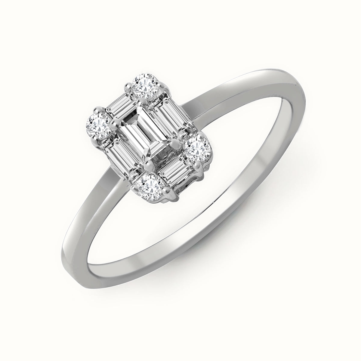18ct White Gold 0.57ct Natural Diamond RBC & Baguette Ring