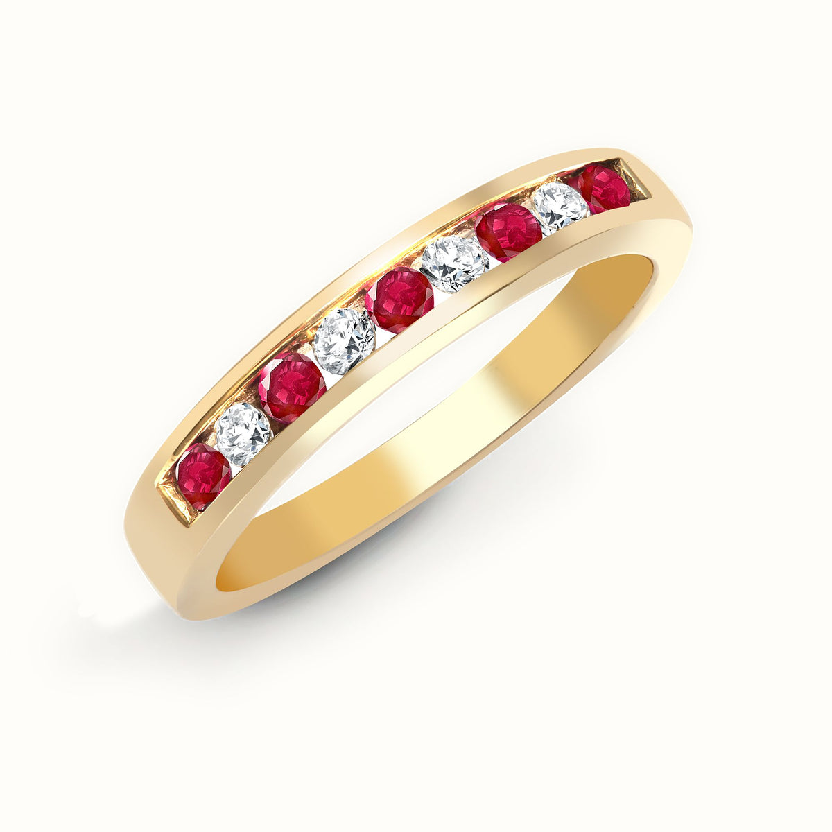 9ct Yellow Gold Natural Diamond 14pts & Ruby 26pts Channel Set Half Eternity Ring
