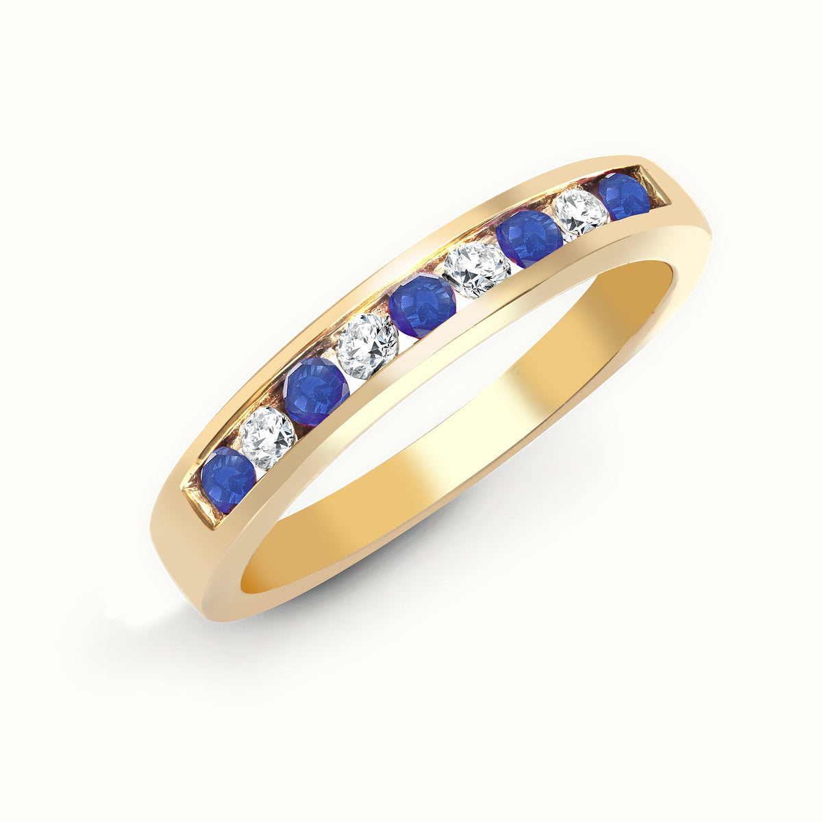 9ct Yellow Gold Natural Diamond 14pts & Sapphire 26pts Channel Set Half Eternity Ring