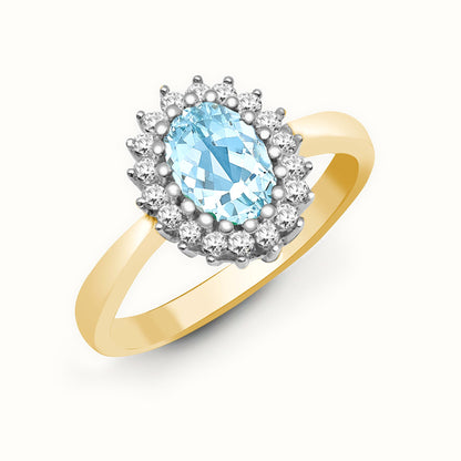 9ct Yellow Gold Natural Diamond 23pts & Blue Topaz 90pts Ring