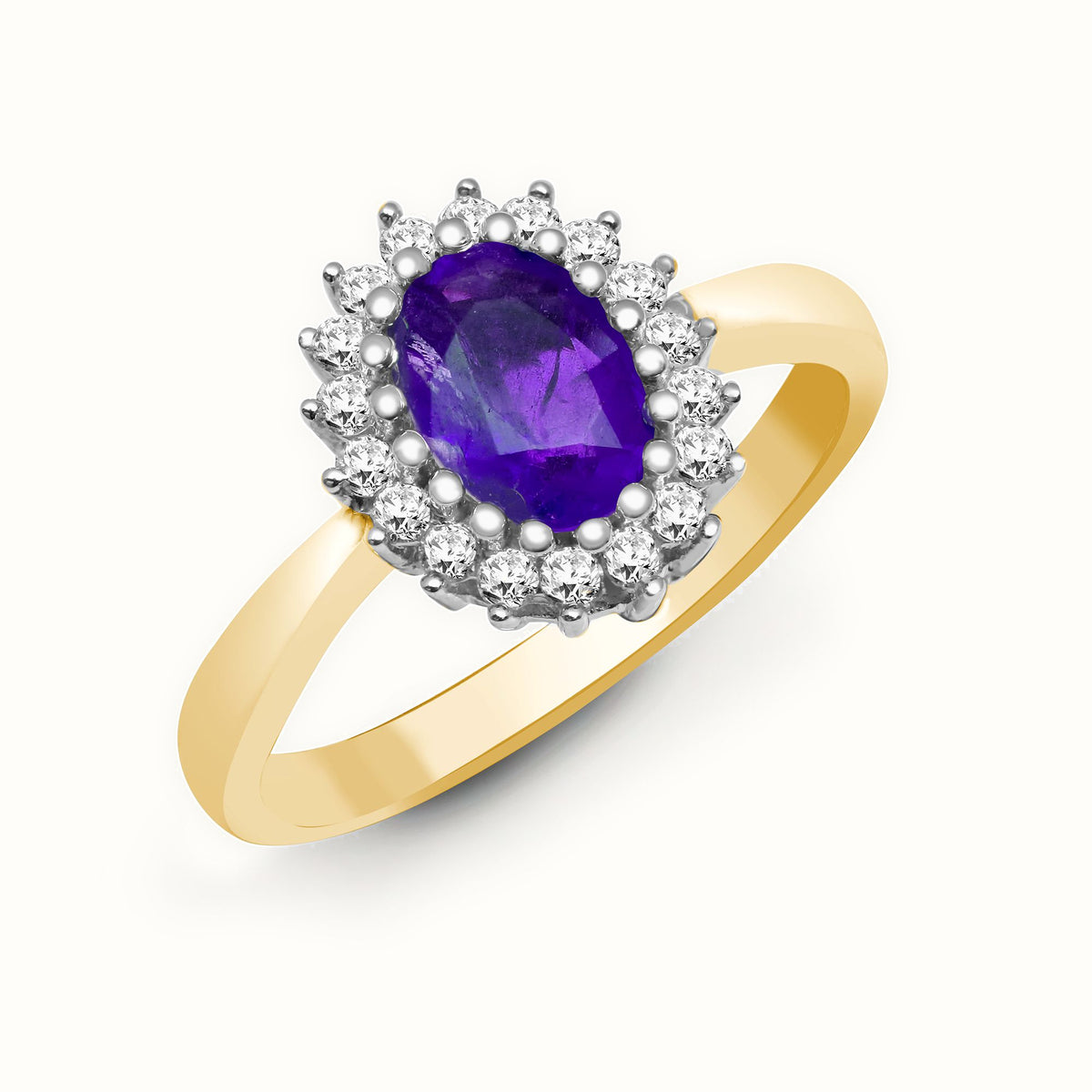 9ct Yellow Gold Natural Diamond 23pts & Amethyst 70pts Ring