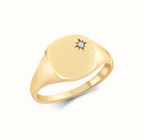 9ct Yellow Gold 0.03cts Diamonds Star-set Cushion Signet Ring