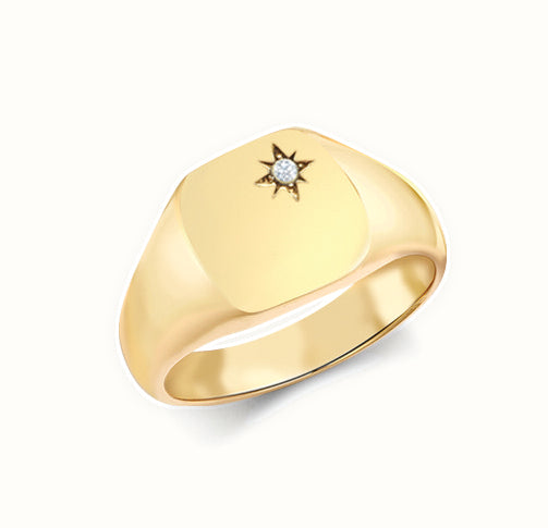 9ct Yellow Gold 0.06cts Diamonds Star-set Cushion Signet Ring