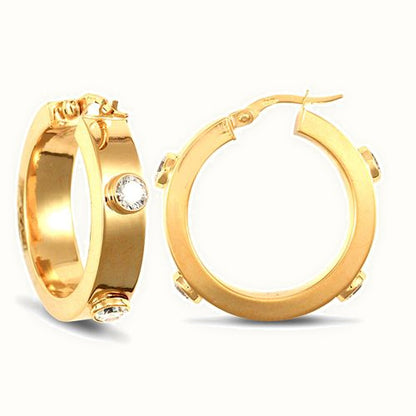 9ct yellow gold 6mm square-tube hoop creole earrings with rub-over set cubic zirconia stones