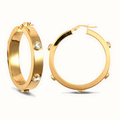 9ct yellow gold 6mm square-tube hoop creole earrings with rub-over set cubic zirconia stones