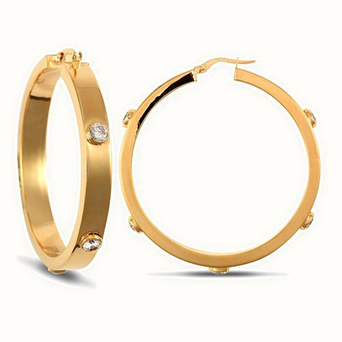 9ct yellow gold 6mm square-tube hoop creole earrings with rub-over set cubic zirconia stones